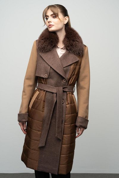 Olcay Kamel 3018-Tk - Sheepskin Quilted and Patterned Double Breasted Cashmere Coat with Detachable Neckline