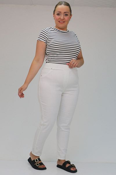 Eslina Λευκό μακρύ τζιν 9184-10 Plus Size - Ελαστική μέση, στενό πόδι