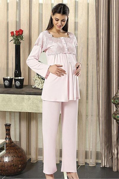 CT MODA Women's Powder Lace Special Design Cotton Combed Maternity Maternity Dressing Gown Pajama Set