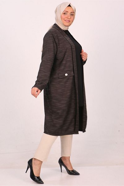 eslamood 33047-1 Μαύρο μακρύ μπουφάν Plus Size - Σπασμένο, υφαντό ύφασμα