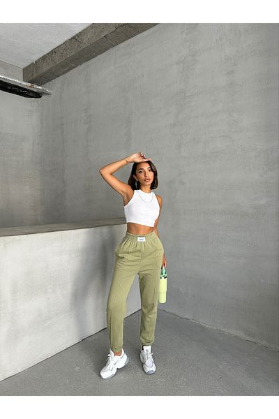 Cappmoda EŞF-09089 Khaki Jogger Sweat παντελόνι - Εποχικό ύφασμα με γρασίδι με δύο κλωστές, λεπτομέρεια ετικέτας και ράστερ