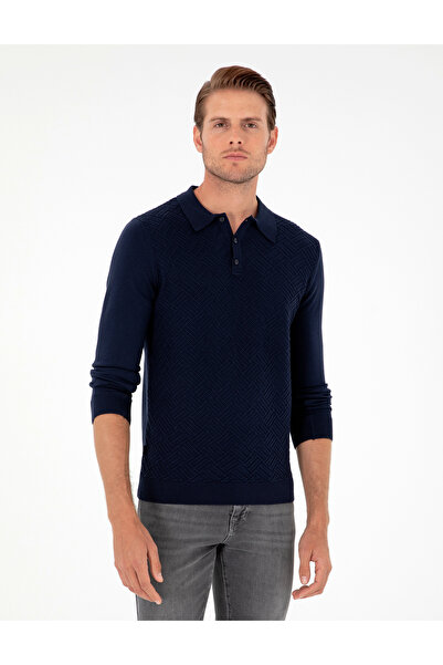 Pierre Cardin Lacivert Slim Fit Düğmeli Polo Yaka Triko Kazak 50300521-VR033
