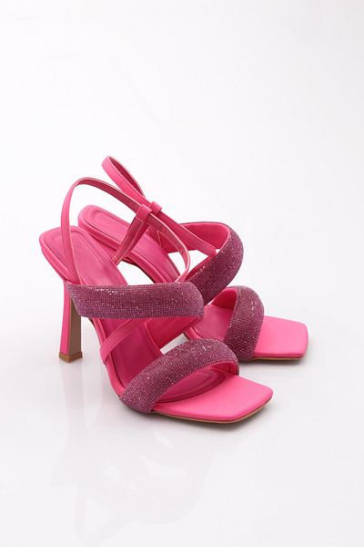 DGN Sandale cu toc de piatră argintie pentru femei, cu rânduri groase și cu bretele încrucișate, din satin fucsia 314333210