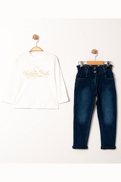 Minik Dolap Quilted Coat 3 Piece Jeans Set