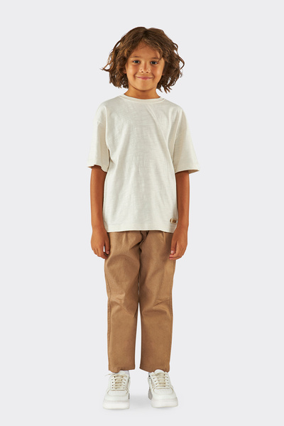 Panço Erkek Çocuk Kol Ucu Şerit Detaylı Bej Tişört