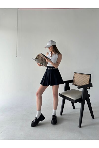 HW Hills Woman Kadın Lacivert Kemer Yazılı Pileli Mini Etek