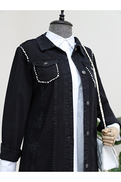 Modamorfo Random Washed Jeans Jacket with Pocket and Pearls on the Shoulders