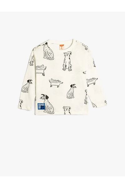 Koton Dog Printed Cotton Long Sleeve Crew Neck T-Shirt