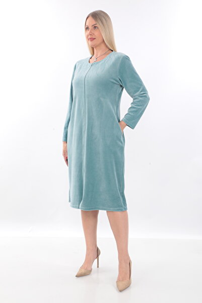 STELLETO Yaka ve Kol Taşlı Yakasız Kadife Kışlık Elbise