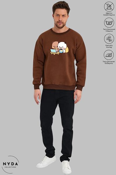 Nyda Collections Unisex μακρυμάνικο Bubu Dudu με στάμπα με λαιμόκοψη χωρίς κουκούλα υπερμεγέθη φούτερ