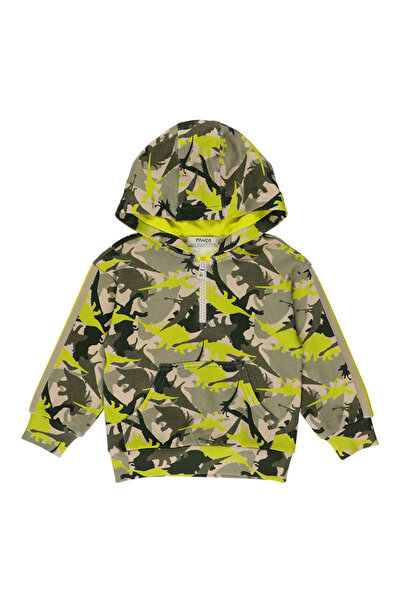 Panço Erkek Bebek Kapüşonlu Dinazor Baskılı Haki Sweatshirt