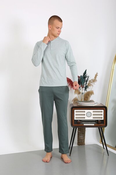 Mestore Moda Çizgi Men's Combed Cotton Long Sleeve Pajama Set 6860 Water Green