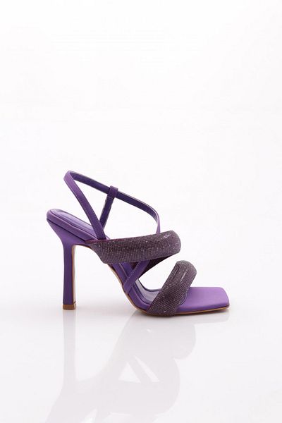 DGN Sandale cu toc de piatră argintie pentru femei, cu rânduri groase și cu bretele încrucișate, violet satin 314333210
