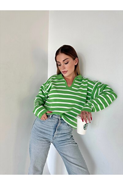 hillswomanstore Γυναικείο πλεκτό πουλόβερ με ριγέ λαιμόκοψη σε κανονικό μέγεθ...