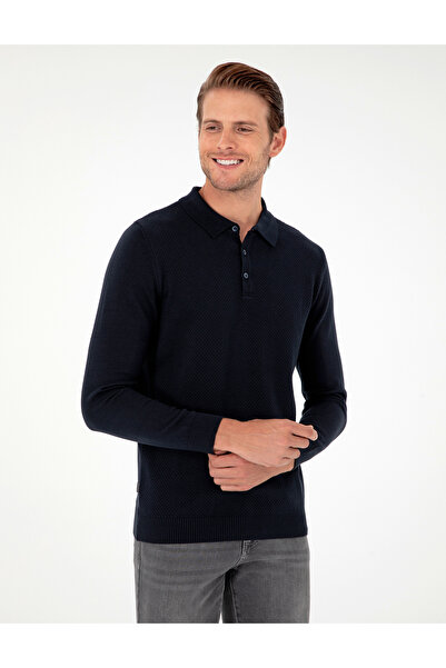 Pierre Cardin Lacivert Slim Fit Düğmeli Polo Yaka Triko Kazak 50300506-VR033
