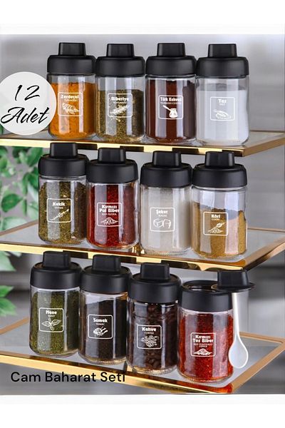Dem Home Set of 12 Lockable Glass Spice Jars with Lids and Spoons - 300 ml