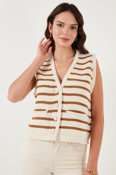 Lela Çizgili Oversize Fit V Yaka Düğmeli Yelek  YELEK 4616175