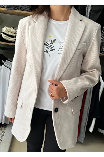 Marka Pudra Balıksırtı Desenli Deri Kol Detaylı Blazer Ceket