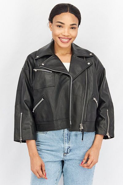 Diesel Women Long Sleeve Leather Jacket, Black