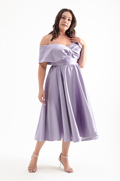 Lafaba Liliowa satynowa sukienka wieczorowa midi - sukienka w dużych rozmiarach z dekoltem łódkowym i rozkloszowanym detalem