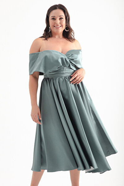 Lafaba Turquoise Boat Neck Midi Satin Plus Size Evening Dress