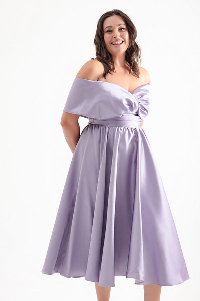 Lafaba Lilac Satin Midi Evening Dress - Plus Size Dress with Boat Neck and Flared Detail