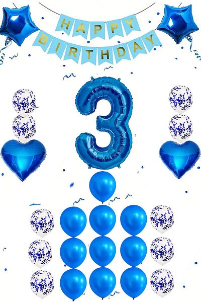 Patladı Gitti 3 Years Old Blue Concept Birthday Set; Heart Star Foil Balloon Set
