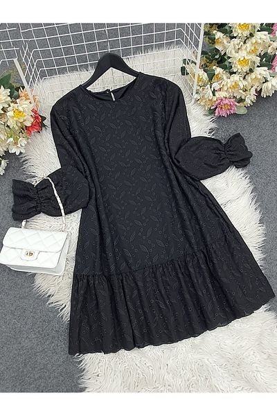 Modamorfo Laced Tunic with Elastic Sleeves and Skirt - Black