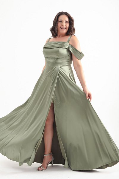 Lafaba Khaki Stone Draped Strappy Long Plus Size Evening Dress
