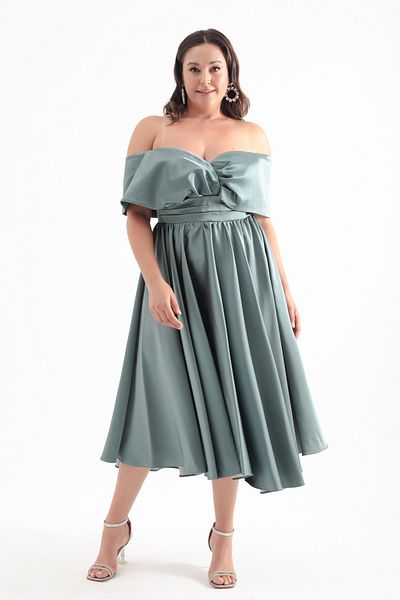 Lafaba Turquoise Boat Neck Midi Satin Plus Size Evening Dress
