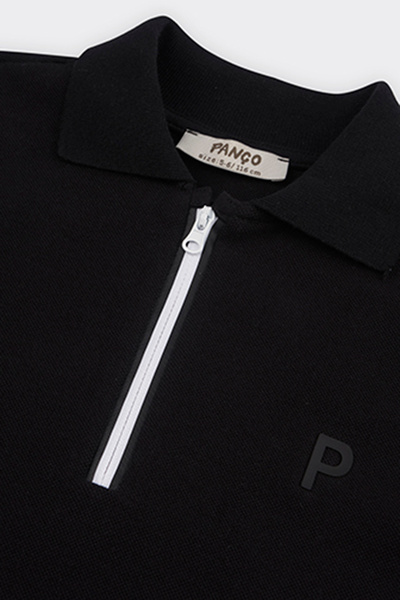 Panço Unisex Yakalı Kısa Kollu Siyah Pike Tişört