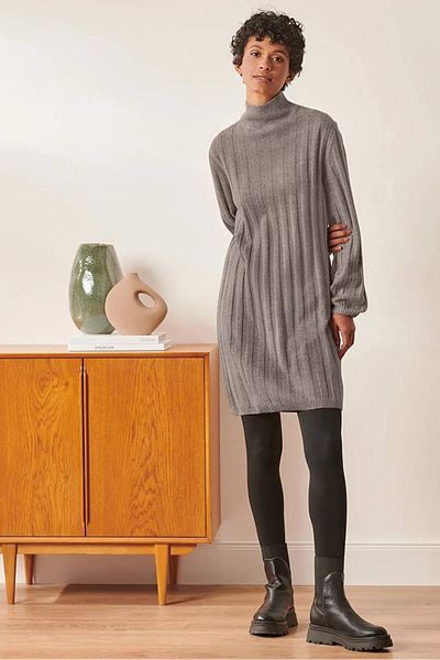 Tchibo Women Mock Neck Long Sleeve Knitted Sweater Dress, Taupe
