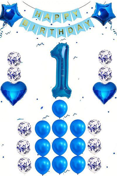 Patladı Gitti 1 Year Old Blue Concept Birthday Set; Heart Star Foil Balloon Set