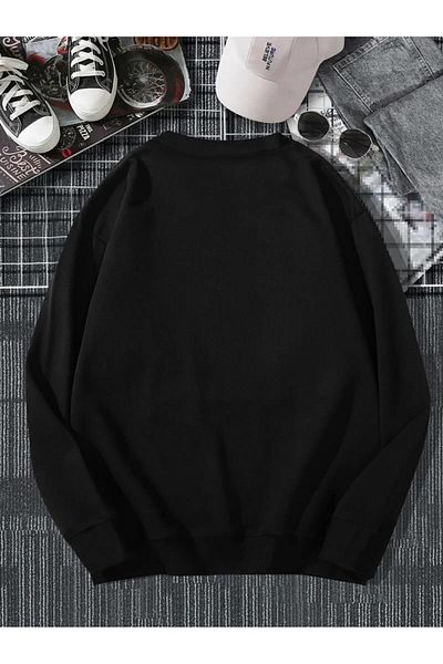 Touz Moda Μαύρο φούτερ με κορδέλα με στάμπα Unisex Oversize Crew Neck