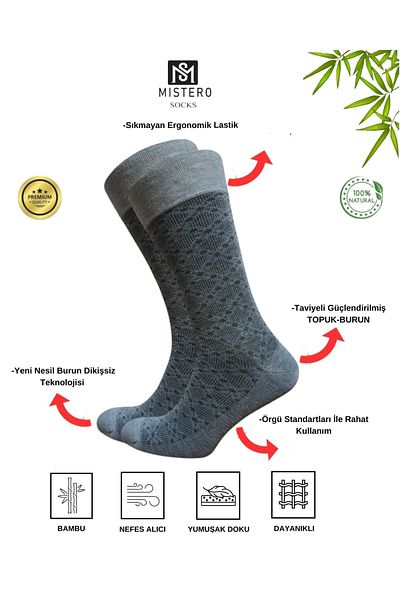 MISTERO SOCKS Men's Bamboo Socks - 6 Pairs Jacquard Patterned, Seamless, Gold Series (Business)
