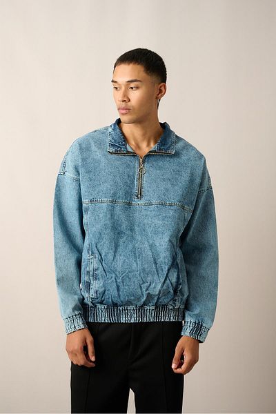 Rocqerx R-2454 Hanorac din denim cu jumătate de fermoar și mâneci elastice