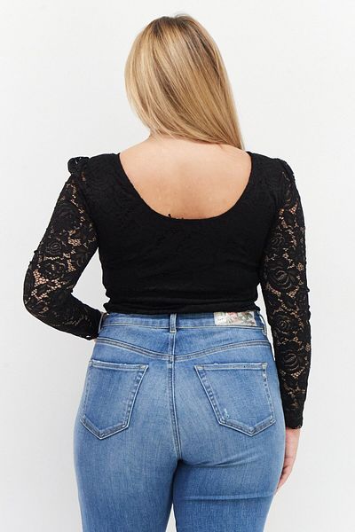 NA-KD Women Scoop Neck Long Sleeve Textured Bodysuit, Black