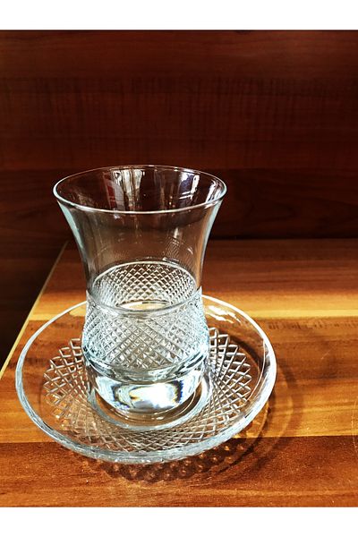 Paşabahçe 62561 Palace Model Cut Decorated 100 Cc Tea Cup - with 6 Glass Spoons as a Gift