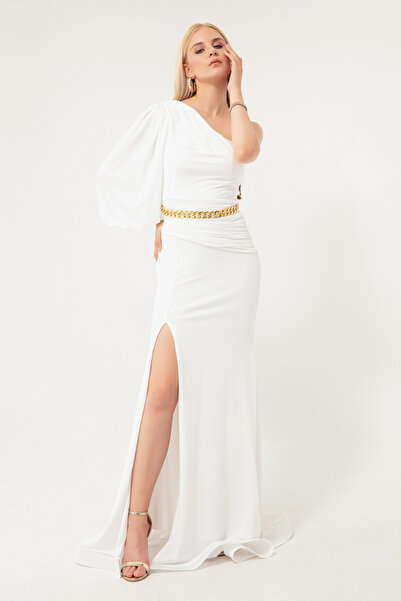 Lafaba Жіноча біла довга вечірня сукня з ланцюжком на одне плече