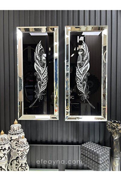 Efe Ayna ETNİK DESENLİ TÜY- 2'Lİ GÜMÜŞ AYNA TABLO SETİ-40x90cm (40x90 x 2 ade...