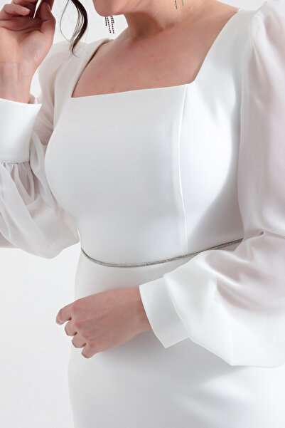 Lafaba Dámské bílé večerní šaty střední velikosti s čtvercovým límcem