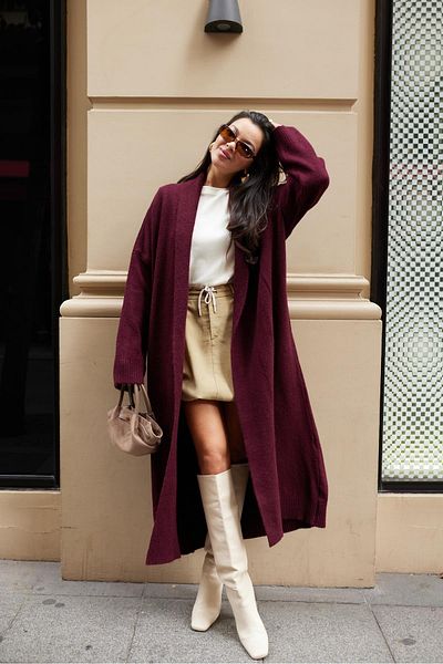 Askı Nişantaşı Burgundy Shawl Collar Long Cardigan