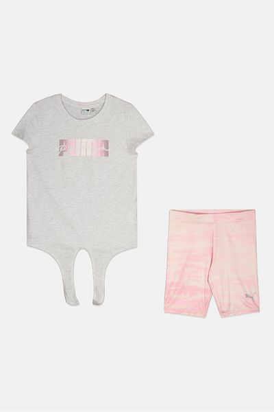 Puma Kids Girl 2 Pieces Cap Sleeve Brand Logo T Shirt Pant Set, Grey