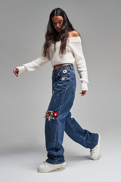 its basic Denim de damă, de culoare denim, cu model de trandafiri etnici