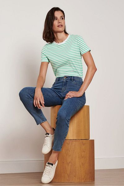 Tchibo Women Round Neck Short Sleeves Stripe T-Shirt, Green Combo