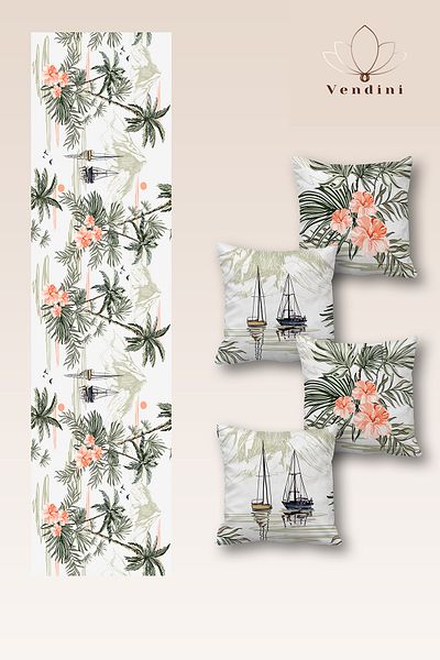 Vendini Quality Fabric, Vibrant Colors Runner and 4 Throw Pillow Covers Set