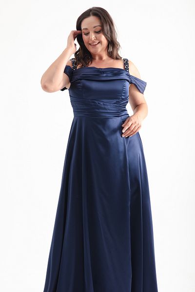 Lafaba Navy Blue Draped Stone Detailed Plus Size Long Women's Evening Dress