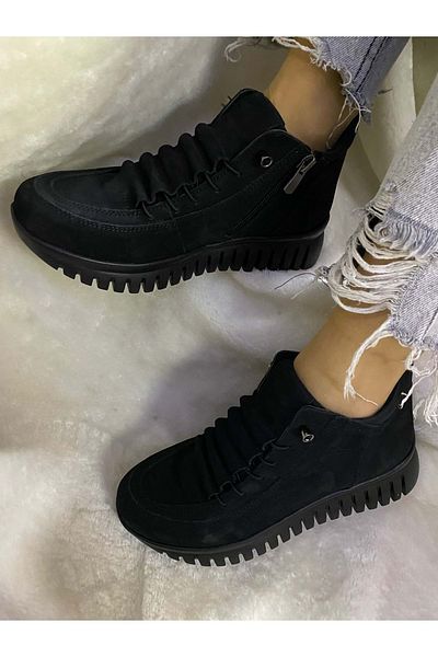 ÇİĞDEM KUNDURA Black Nubuck Leather Women's Boots - Rubber Tied (Enzo B5)
