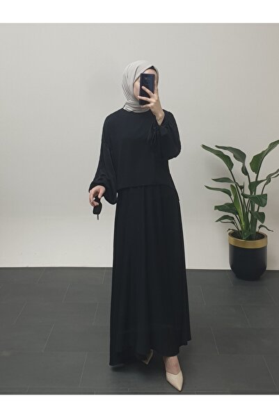 Modamorfo Balloon Skirt Suit with Lace-Up Sleeves - Black