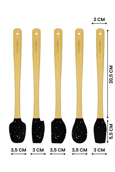 valletta Indigo Black Dotted Bamboo Silicone Spatula Set - 5 Pieces, Long 26 Cm